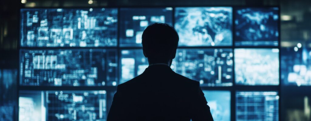 A Silhouetted Figure Observing a Wall of Data Screens in a Modern Control Room.